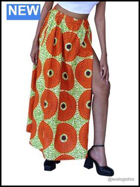 African High Slit Dashiki Art Elastic Waist Kente Ankara Dance Skirt 100% Cotton